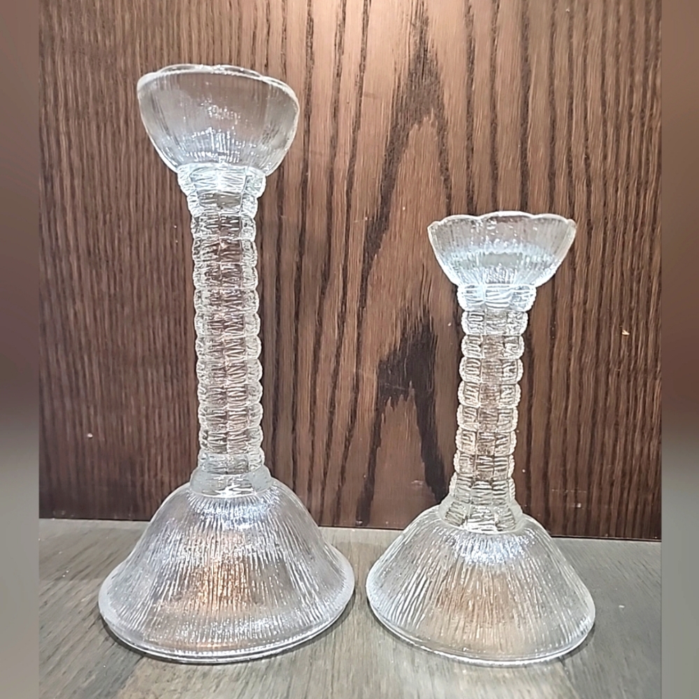 Zabkowice Glass Candle Holders x 2 Eryka Trzewik-Drost Cora Texture 9" & 7" Vtg